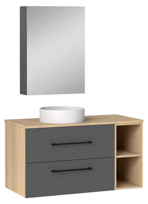 Image de Acezanble Ensemble meuble salle de bain, Meuble 2 Tiroirs, Vasque et Miroir de Rangement, 99cm