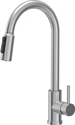 Immagine prodotto di Miscelatore da cucina QUADRON Miscelatore a tre vie CINDY 360°, colore: acciaio, altezza: 42,5 cm Miscelatore da cucina in acciaio inox, estraibile, rubinetto da cucina