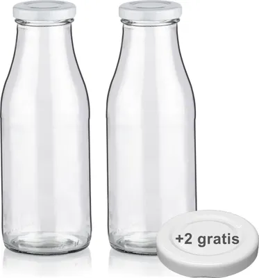 Produktbild von Milchflaschen 0,5L Smoothie Saft Flaschen 500ml leere Glasflaschen Deckel BPA frei, 2 Milchflaschen mit 4 Deckeln
