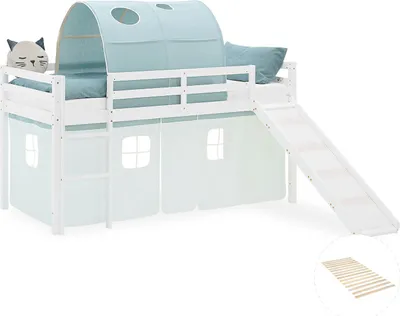 Image de Lit superposé 90x200 cm avec Toboggan Sommier Lit mezzanine en Bois Pin Massif Lit d'enfant Rideau Tunnel Vert