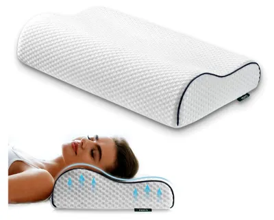 Produktbild von Kopfkissen aus Memory Foam, 59 x 39 x 10/12 cm, Komfortkissen für Nacken- und Schulterschmerzen, ergonomisches orthopädisches Kissen, Nackenstützkissen, Halswirbelkissen (Weiß)