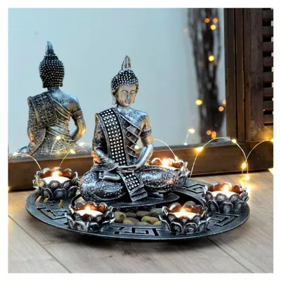 Produktbild von Buddha Dekoteller in Silber mit Teelichthaltern und Deko-Steinen
