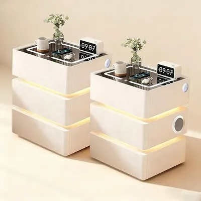 Image de Table de chevet blanche, lot de 2, table de nuit avec 3 tiroirs, finition laquée, table de chevet moderne avec LED, 3 niveaux de luminosité réglables, capteur automatique et haut-parleur Bluetooth, charge sans fil, table d'appoint