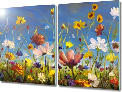 Produktbild von Coloray Herdabdeckplatte 2x40x52 cm Schneidebrett Kochplattenabdeckung Küchenbrett Hackbrett - Malerei Blumen Wiese