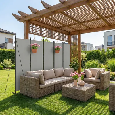 Produktbild von FIVMEN Paravent Outdoor wetterfest mit Heringen und Abspannleinen,Klappbar Freistehend Trennwand ohne Bohren,mobiler sichtschutz für Garten Balkon terrasse,5 Teilig 250 x 180 cm Hellgrau