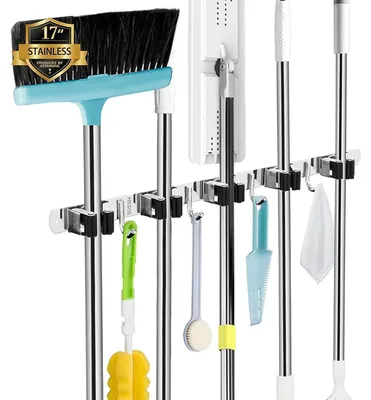 Produktbild von Besenhalterung Wand, 5 Halter + 4 Haken, Edelstahl, Selbstklebend & Bohren