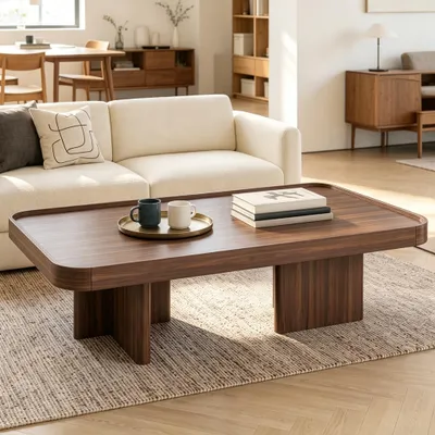 Obrázok produktu pre Konferenčný stolík Merax s retro dizajnom a zaoblenými hranami, vyrobený z MDF a drevotriesky, stabilný stolík vhodný do obývačky a na balkón, farba orech