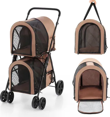 Immagine prodotto di Passeggino per animali domestici - Passeggino per cani/gatti a 2 livelli - Fino a 16 kg - Finestra in rete - Portabevande - Beige