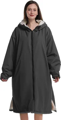 Produktbild von (110 * 80 cm, Schwarz) Wasserdichter Bademantel für Erwachsene, winddichter Schwimmparka, übergroßer Surfponcho, mit Kapuze, warmer Mantel, Fleecefutter,