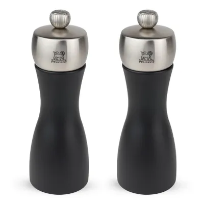 Obrázek produktu pro Peugeot Fidji, Sada mlýnků na sůl a pepř, Černá, Stříbrná, Nerezová ocel, Dřevo, Nerezová ocel, Pepř, Sůl, 150 mm