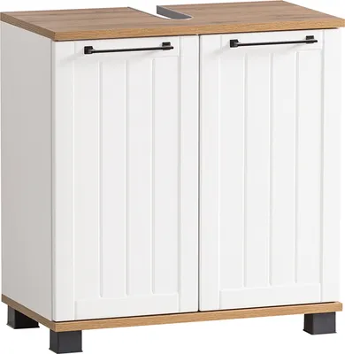 Produktbild von Waschbeckenunterschrank im Landhaus-Stil, weiß matt mit Eiche Nb. JAUSA-80, B/H/T ca. 59,8/62,4/32,6 cm