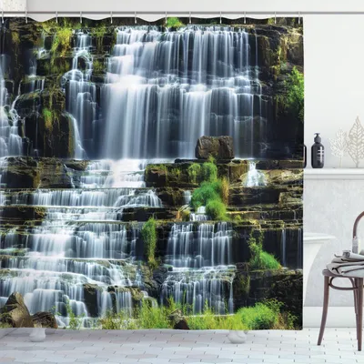 Zdjęcie produktu dla ABAKUHAUS Zasłona prysznicowa z motywem lasu deszczowego, wodospad w środku tropikalnej dżungli, naturalny krajobraz, 175 x 240 cm, zielono-biała