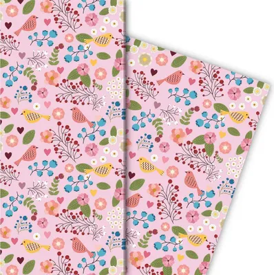 Produktbild von Leichtes Geschenkpapier mit Vögelchen und Blüten in rosa - G6278, 32 x 48cm