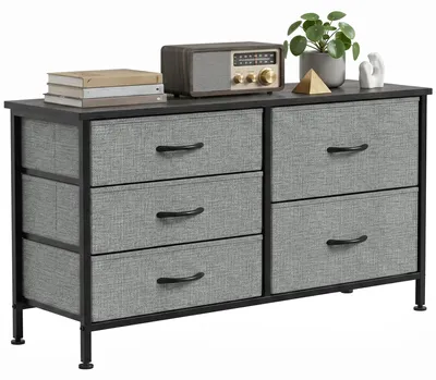 Image de Commode - Armoire de rangement avec 5 tiroirs - Structure en acier - Plateau en bois - Idéale pour le rangement dans une chambre, un salon, un bureau ou une dressing - Couleur : noir