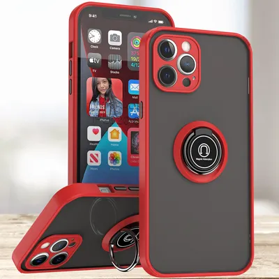Obrázek produktu pro Pouzdro pro iPhone 12 Pro matné průsvitné TPU pouzdro s prstencovým držákem a stojánkem Červený