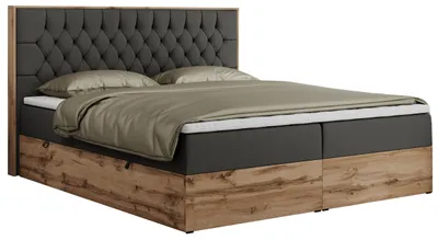 Produktbild von MKS MEBLE Boxspringbett 160x200 mit Bettkasten Eiche, Polsterbett 160x200 mit Matratze H4, Bett 160x200 mit Kopfteil, Bett mit Holzrahmen in Wotan Eiche - Dunkelgrau Kunstleder - Amore