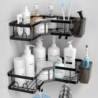 Produktbild von Duschablage Ohne Bohren, 2 Stück Selbstklebend Eckregal Badezimmer Organizer,  mit 4 Haken und 2 Zahnpasta Halter, Schwarz Duschablage Duschkorb
