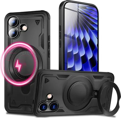 Produktbild von MagSafe Hülle "Stormguard" für Apple iPhone 17 - Military Schutzhülle, 360° Dreh Ring & Ständer, Outdoor Panzer Case - Vulkanschwarz