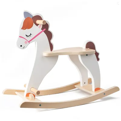 Produktbild von Schaukelpferd Holz Klassisch - Kinder Schaukeltier ab 1 Jahr - Weiß mit Holzgriffen & Fußstützen - 68x57cm Schaukelspielzeug - bis 50kg belastbar