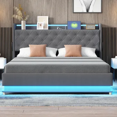 Produktbild von okwish Polsterbett Doppelbett 160x200cm mit LED und USB, hydraulisches Boxspringbett mit Stauraum, Lattenrost und Metallrahmen, Leinen(Ohne Matratze)-Grau