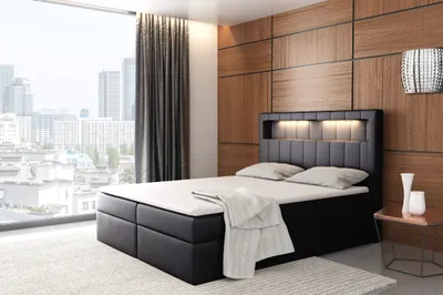 Produktbild von Bett mit 2 Bettkästen , ALDEN Boxspringbett , Pocket Matratze und Topper , Doppelbett Polsterbett , LED , H3 ( 160x200 cm , Schwarz - Kunstleder - Madryt 9100 )
