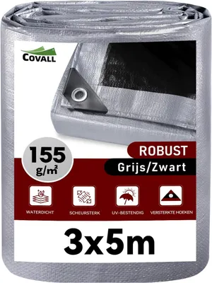 Productafbeelding van Afdekzeil 3 x 5 m, 155 g/m², waterdicht van polyethyleen met versterkte randen en oogjes