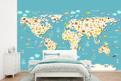 Produktbild von MuchoWow® Fototapete für Wohnzimmer oder Schlafzimmer Wandtapete Vinyl Motivtapete Weltkarte - Kinder - Tiere - Kinder - Jungen - Mädchen - 330x220 cm - Kindertapete - Fototapeten