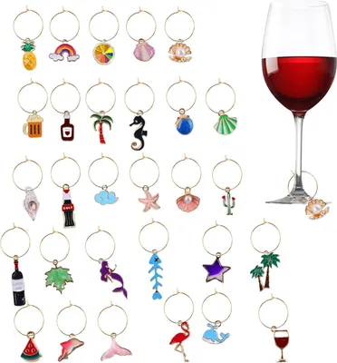 Produktbild von Weinglas Anhänger 30 PCS Trinkgläser Charms Glasmarkierer Getränke Markierungen Glas Markierung mit Aufbewahrungstasche Cocktail Gläser Markieren Glasmarkierung Partydekoration Party Wein Glas Marker