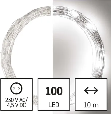 LED vánoční nano řetěz stříbrný, 10 m, venkovní i vnitřní, studená bílá, časovač