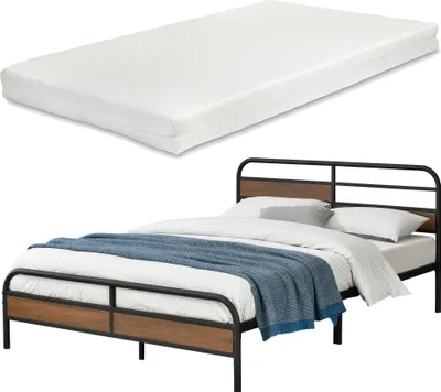 Produktbild von Łóżko metalowe Aarau z materacem 140 x 200 cm łóżko młodzieżowe ze stelażem listwowym i materacem z zimnej pianki łóżko podwójne metalowa rama łóżka łóżko stalowe czarne [en.casa]