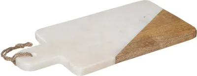 A cutting board made of white marble and wood, with a rope handle.