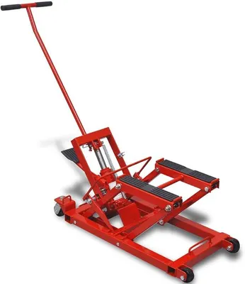 Produktbild von Hydraulische Motorrad Hebebühne aus Gussstahl für Werkstatt Garage, rot, 680 kg Tragkraft, 118 bis 368 mm Hubhöhe, mit Rollen und T Griff für Motorrad ATV Wartung
