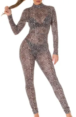 Imagen del producto de Malla corporal estampada con motivos de animales, mono de manga larga, transparente