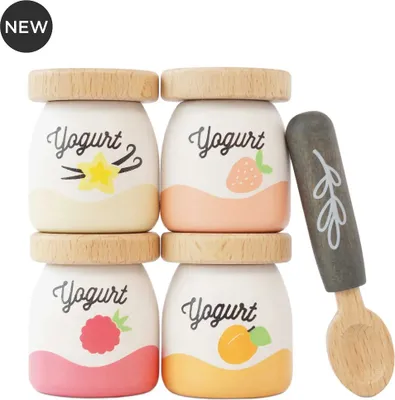 A set of four toy yogurt jars with a wooden spoon, arranged in a two-by-two grid with a spoon leaning against the side.