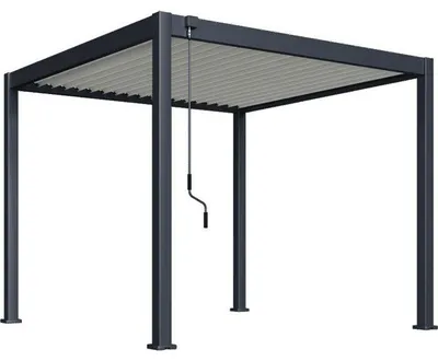 Image de Pergola bioclimatique en aluminium de 3x3 mètres, avec lamelles en acier blanches orientables à 135°, profilé de cadre anthracite, design plat