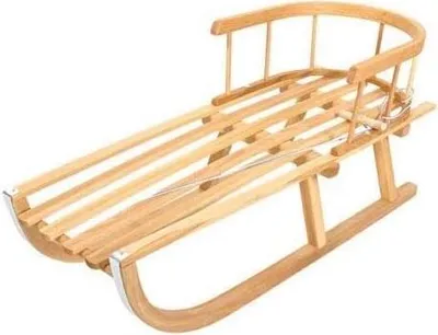 Produktbild von Holzschlitten aus Buchenholz Kinderschlitten mit Rückenlehne inkl. Zugseil Schlitten Lehne Schieber Metallkufen