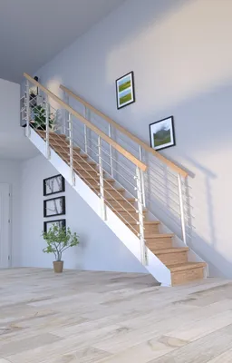 Produktbild von Stahltreppe KOS in Weiß (Eiche Rustik lackiert) mit Designgeländer und 16 Stufen
