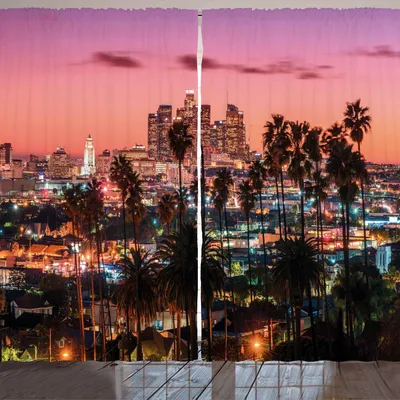 Produktbild von ARANDE Vereinigte Staaten Gardine, Vibrierende Sonnenuntergang-Twilight-Landschaft Berühmte Stadt Los Angeles mit Palmen, 280 x 175 cm, Mehrfarbig