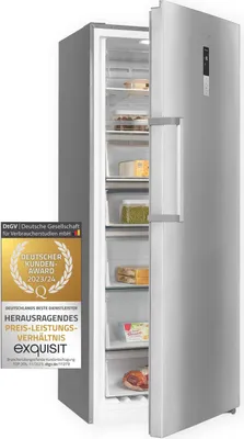A silver refrigerator with its door open, showing shelves filled with food items. A promotional award badge is visible on the left side of the image.