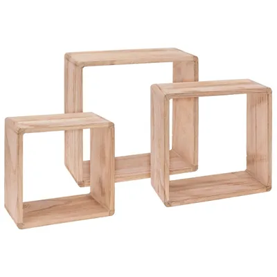 Three wooden cube shelves of varying sizes are arranged in a staggered formation against a white background.