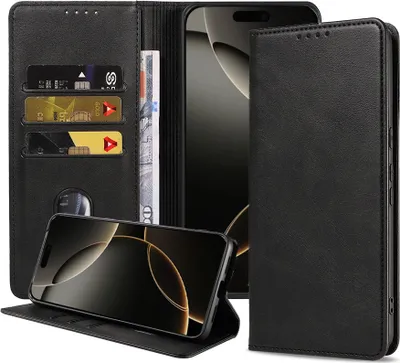 Produktbild von Smartphonica Handytasche passend für iPhone 16 Pro Kunstledertasche mit Magnetverschluss und Kartenfächern Buchtasche mit Klappe - Schwarz