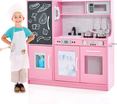 Produktbild von COSTWAY Kinderküche mit 10 Spielzubehör, Spielküche Kinder mit Tafel, Spielzeugküche mit Mikrowelle Eismaschine & Geschirrspüler & Backofen (Rosa)