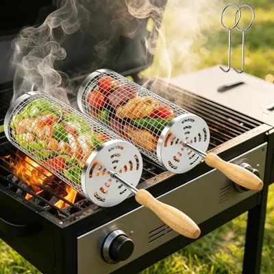 Produktbild von Edelstahl-Grillkorb-Set, Grillzubehör für Gemüse und Fleisch