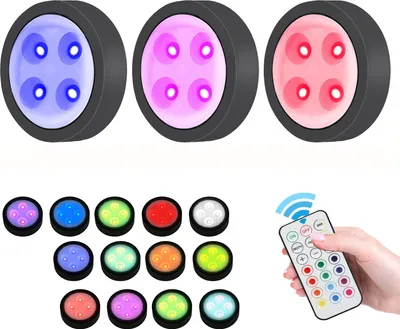 Produktbild von 3 Stück RGB LED Unterbauleuchte Kabellos Dimmbar, Schrankbeleuchtung Batterie Timer 13 Farben Touch, LED Spot Fernbedienung Küche Regal Treppe,Schwarz