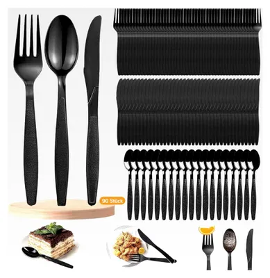 Produktbild von 90-teiliges Set aus schwarzem Plastikbesteck, bestehend aus 30 Gabeln, Messern und Löffeln für Partys und Familienfeiern, robust und vielseitig einsetzbar