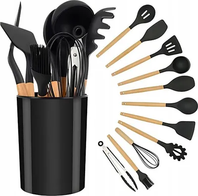 Immagine prodotto di Set da cucina in silicone da 12 pezzi con manici in legno - Tutto in uno per la tua cucina!