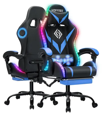 Produktbild von Hoffree Gaming Stuhl Ergonomisch mit 2-Punkt Massagefunktion Bluetooth Lautsprecher RGB Licht PC Bürostuhl, Grau Schwarz