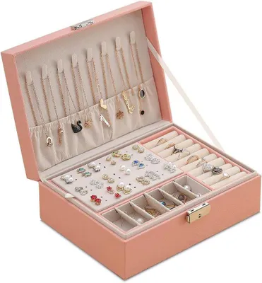 Obrázok produktu pre Šperkovnica – úložný box – organizér šperkov – na ukladanie šperkov – dvojvrstvový so zámkom – 23 x 17 x 9 cm – ružová