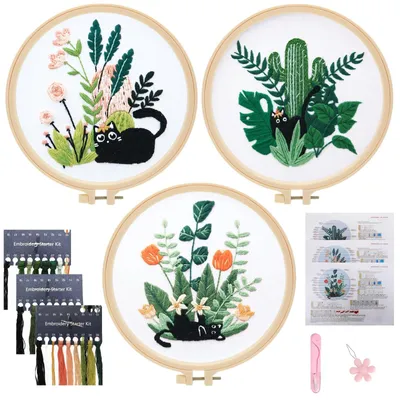 Produktbild von Stickset Stickpackung Kreuzstich - Starterset für Anfänger - Katze - Mit 3 Mustern - Für Wohnzimmer und Schlafzimmer