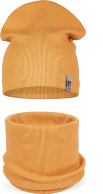 Immagine prodotto di Set cappello e sciarpa tubolare per bambini HEYO in cotone modello elfo Giallo senape Taglia 48-56 cm